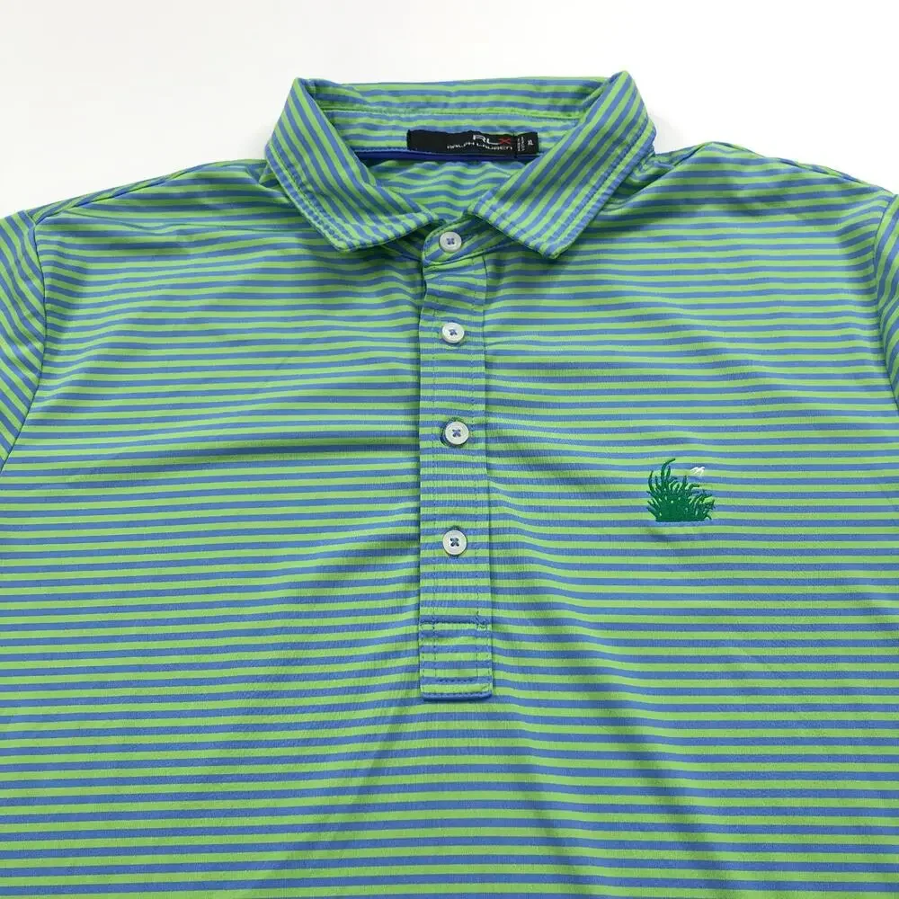 RLX Ralph Lauren XL Golf SS Stretch Button Polo Striped Shirt Green Blue MINT